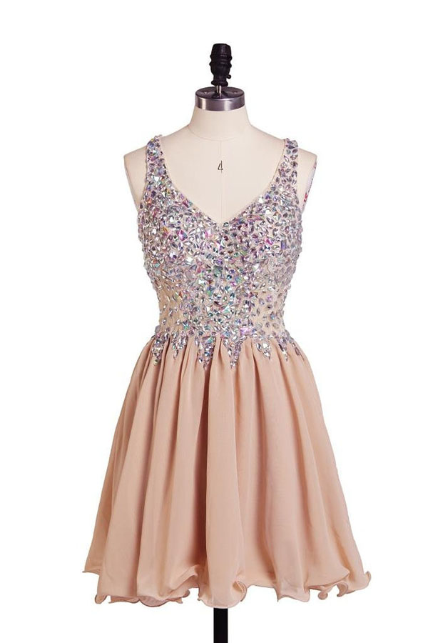 Hanyige Exquisite A-line V-neck Chiffon Homecoming Dress With Rhinestone